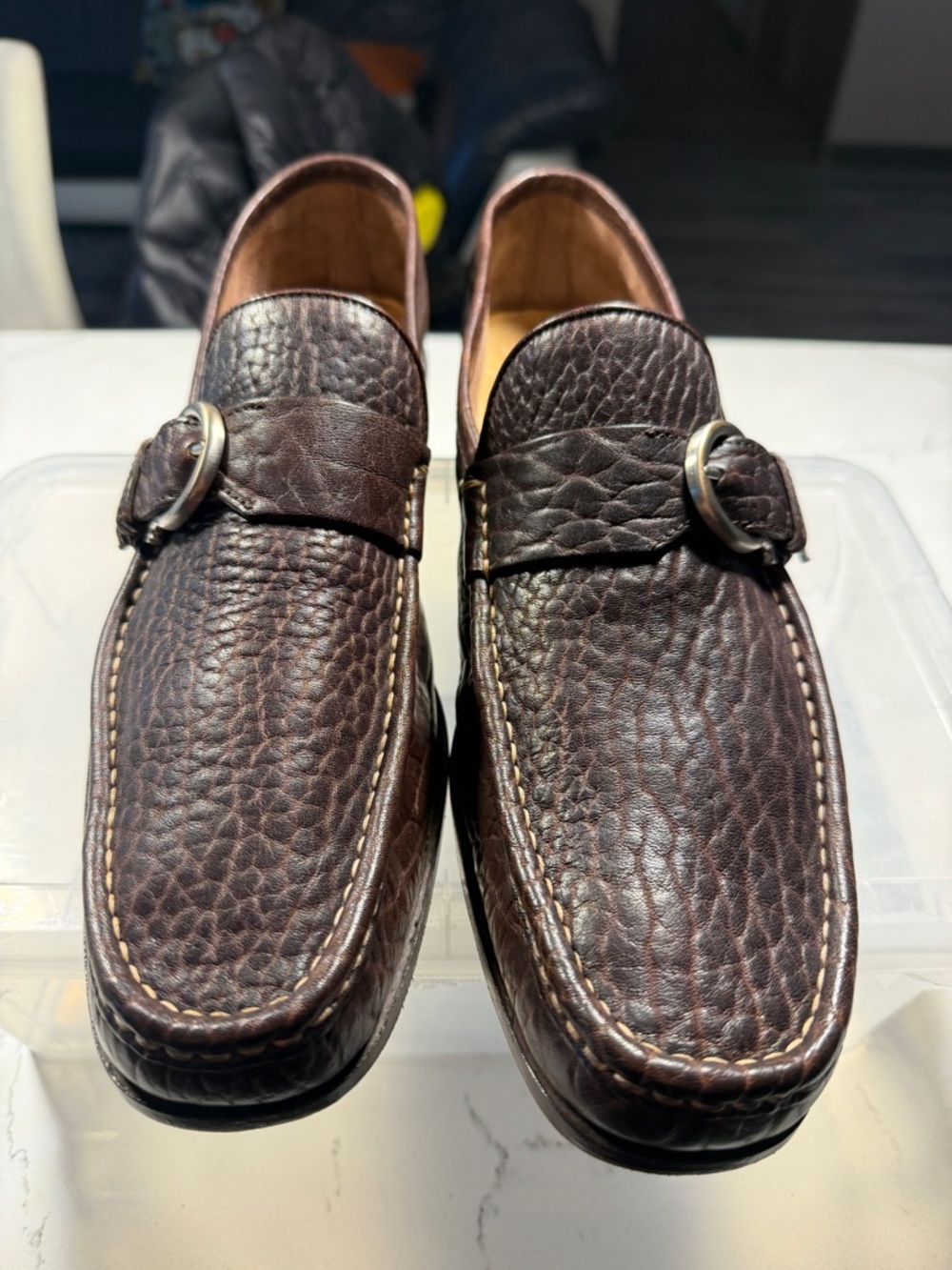 Salvatore Ferragamo Dark Brown Pebbled Leather Loafers with Buckle